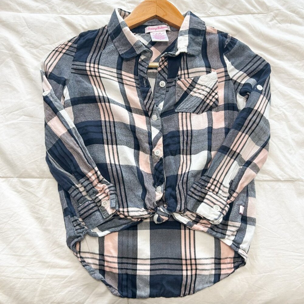 Tommy Bahama Girls Plaid Button Front Shirt Navy Pink Cotton Blend EUC Size 7